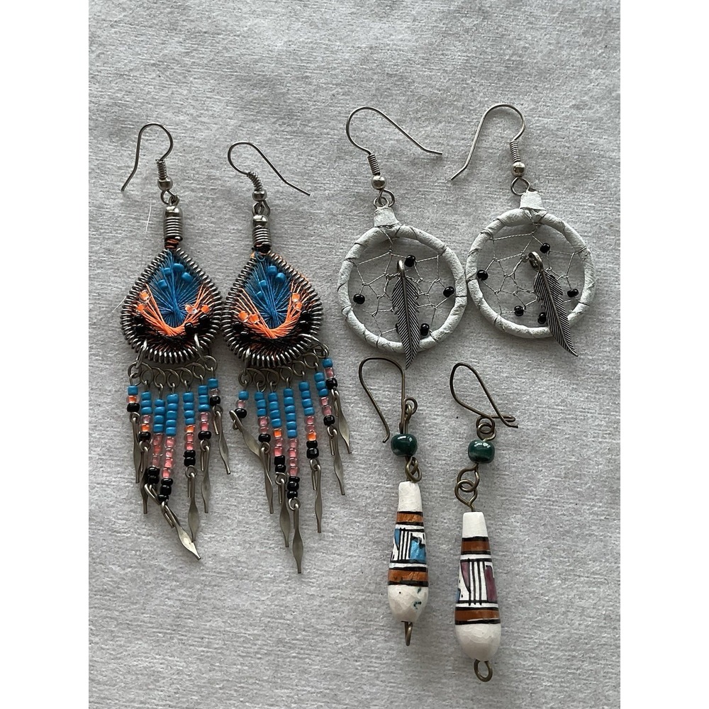 Lot Of 3 Southwestern Dangle Earrings Vintage Dreamcatcher Handcrafted Ect